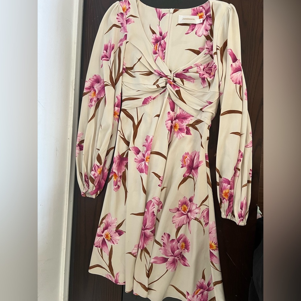 Zimmermann Cream Long Sleeve Floral Mini Dress with Pink Lilies - Picture 4 of 6